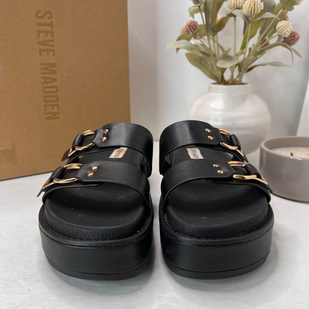 Steve Madden Brooklin Double Strap Sandal Black Gold Tone Buckles Women 9.5M - Picture 5 of 11